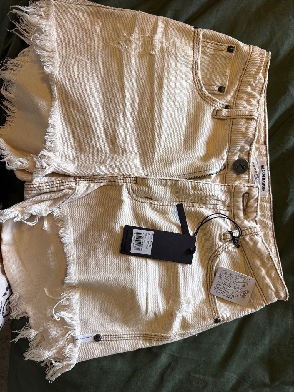 Free People Cream Distressed Frayed Hem Denim Shorts